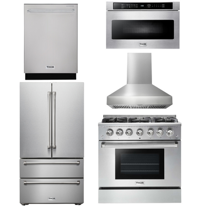 THOR Kitchen Package - 36" Propane Gas Range, Range Hood, Microwave, Refrigerator, Dishwasher, AP-HRG3618ULP-W-5