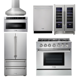 THOR Kitchen Package - 36" Propane Gas Range, Range Hood, Microwave, Refrigerator, Dishwasher, Wine Cooler, AP-HRG3618ULP-W-6
