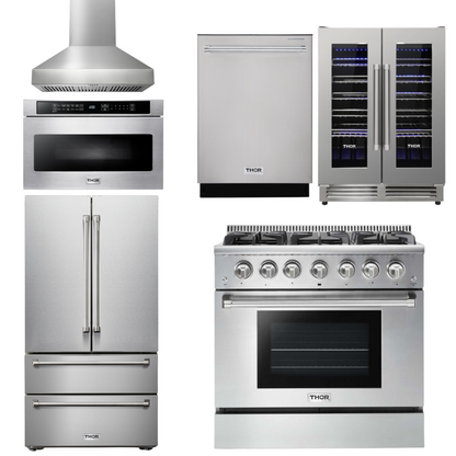 THOR Kitchen Package - 36" Propane Gas Range, Range Hood, Microwave, Refrigerator, Dishwasher, Wine Cooler, AP-HRG3618ULP-W-6