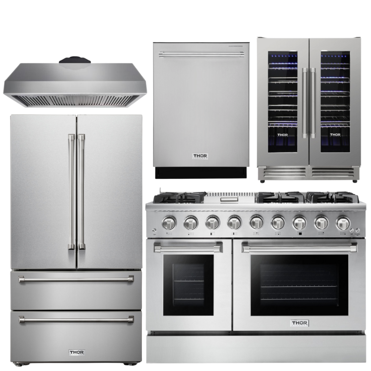 THOR Kitchen Package - 48" Gas Range, Range Hood, Refrigerator, Dishwasher, Wine Cooler, AP-HRG4808U-4