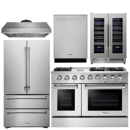 THOR Kitchen Package - 48" Gas Range, Range Hood, Refrigerator, Dishwasher, Wine Cooler, AP-HRG4808U-4