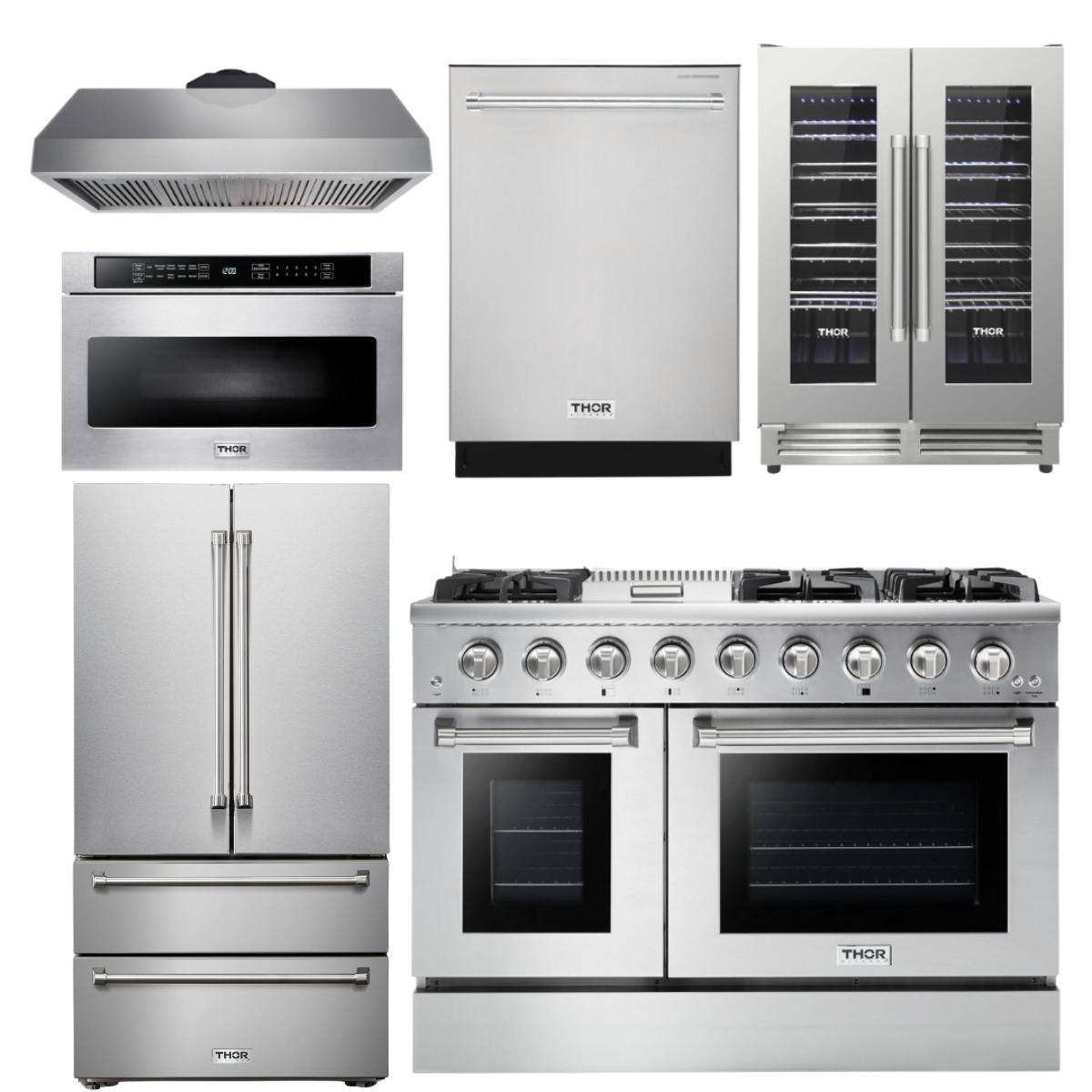 THOR Kitchen Package - 48" Gas Range, Range Hood, Refrigerator, Dishwasher, Microwave, Wine Cooler, AP-HRG4808U-8