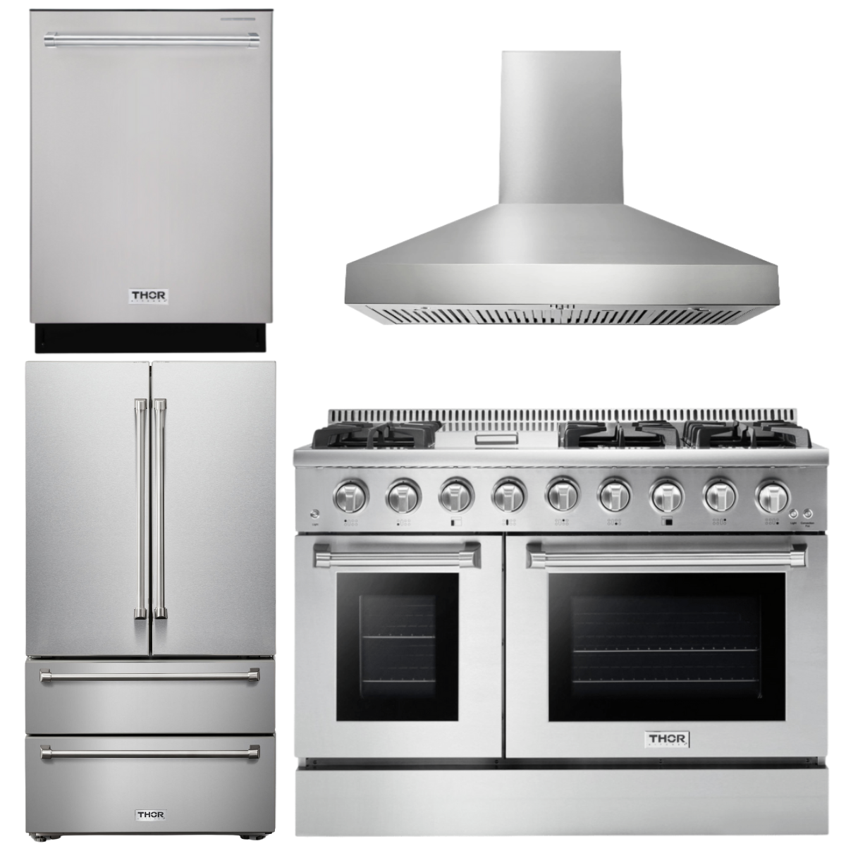 THOR Kitchen Package - 48" Gas Range, Range Hood, Refrigerator, Dishwasher, AP-HRG4808U-W-2