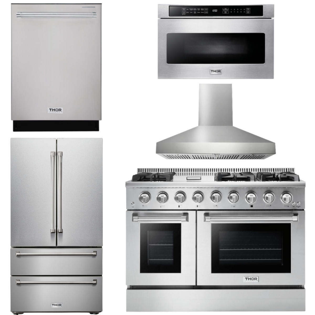 THOR Kitchen Package 48" Gas Range, Range Hood, Refrigerator, Dishwasher, Microwave, AP-HRG4808U-W-5