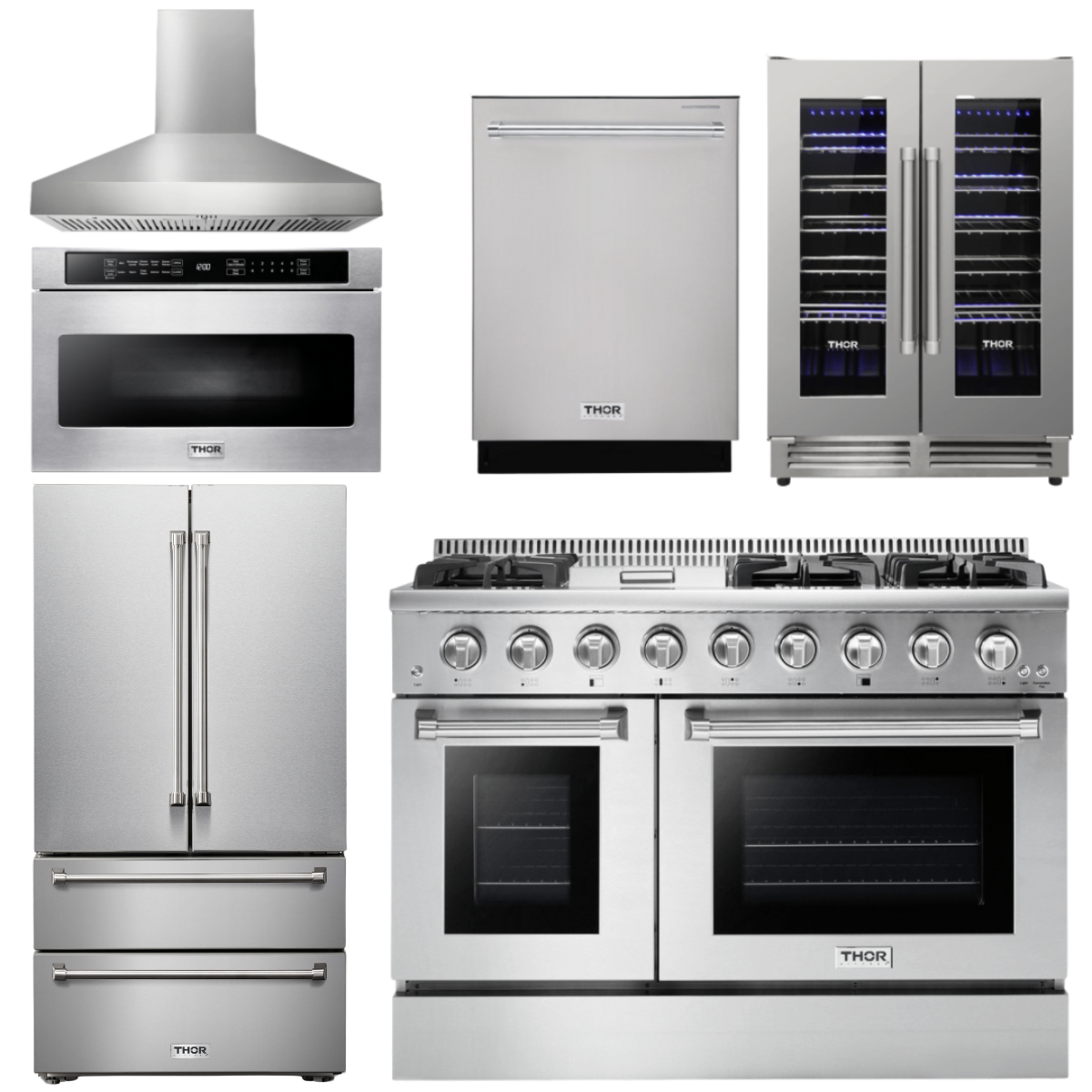 THOR Kitchen Package - 48" Gas Range, Range Hood, Refrigerator, Dishwasher, Microwave, Wine Cooler, AP-HRG4808U-W-6