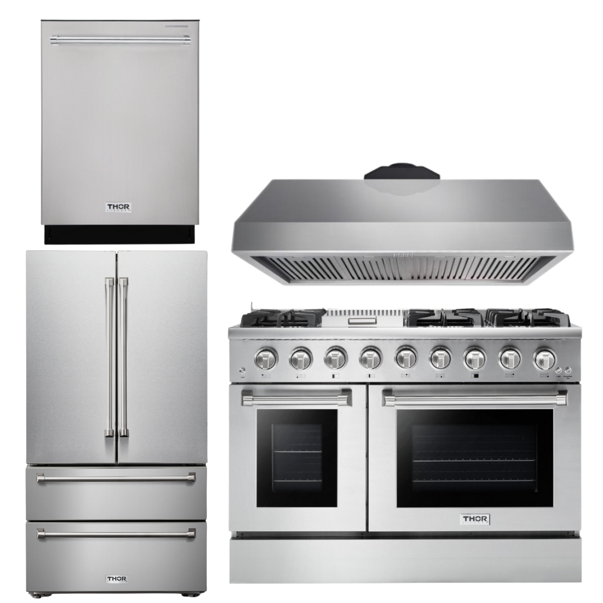 THOR Kitchen Professional 48" Propane Gas Range, Range Hood, Refrigerator, Dishwasher Package, AP-HRG4808ULP-3