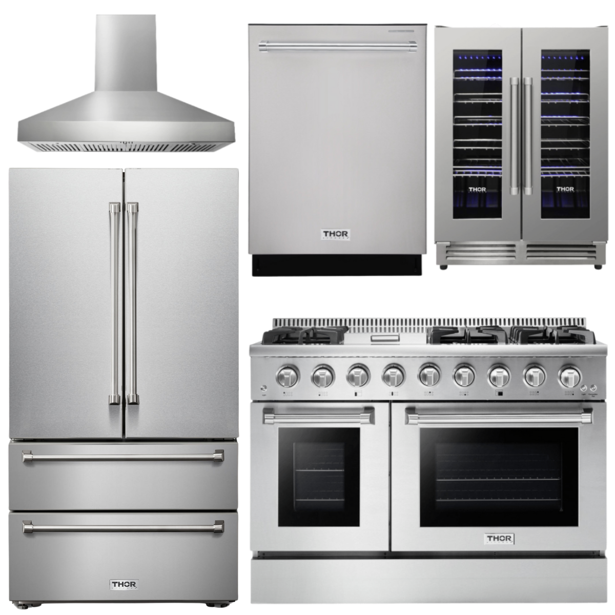 THOR Kitchen Package - 48" Propane Gas Range, Range Hood, Refrigerator, Dishwasher, Wine Cooler, AP-HRG4808ULP-W-3