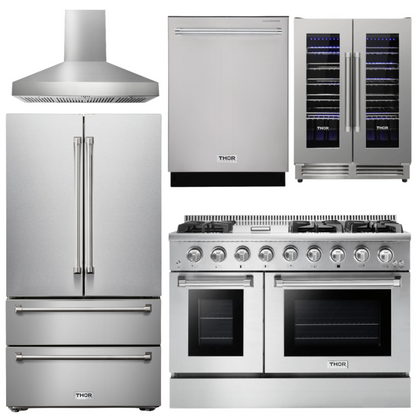 THOR Kitchen Package - 48" Propane Gas Range, Range Hood, Refrigerator, Dishwasher, Wine Cooler, AP-HRG4808ULP-W-3
