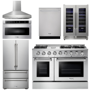 THOR Kitchen Package - 48" Propane Gas Range, Range Hood, Refrigerator, Dishwasher, Microwave, Wine Cooler, AP-HRG4808ULP-W-6