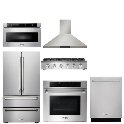 THOR Kitchen Package - 36" Gas Rangetop, Range Hood, Wall Oven, Refrigerator, Dishwasher, Microwave, AP-HRT3618U-5