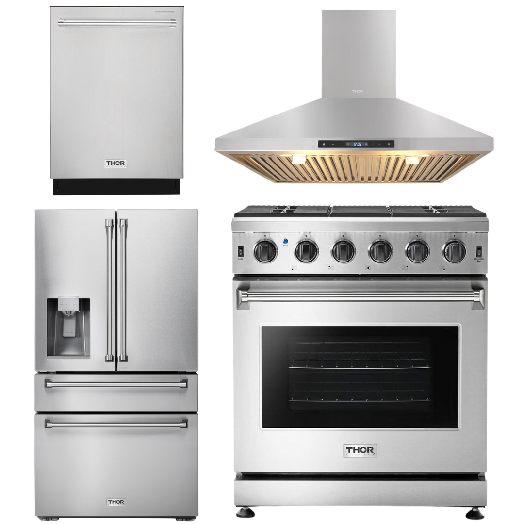 THOR Kitchen Package - 30" Gas Range, Range Hood, Refrigerator with Water and Ice Dispenser, Dishwasher, AP-LRG3001U-10