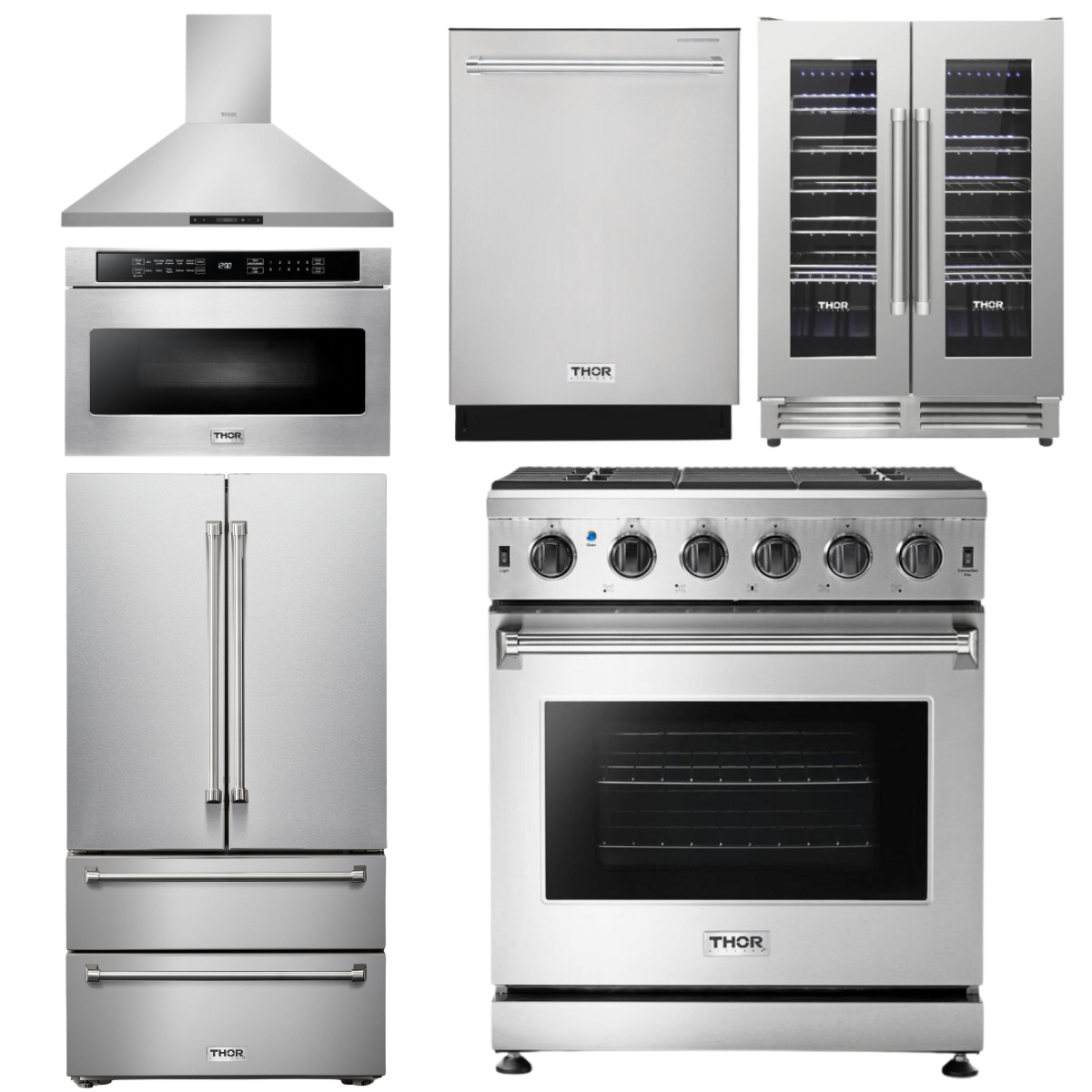THOR Kitchen Package - 30" Gas Range, Range Hood, Microwave, Refrigerator, Dishwasher, Wine Cooler, AP-LRG3001U-8