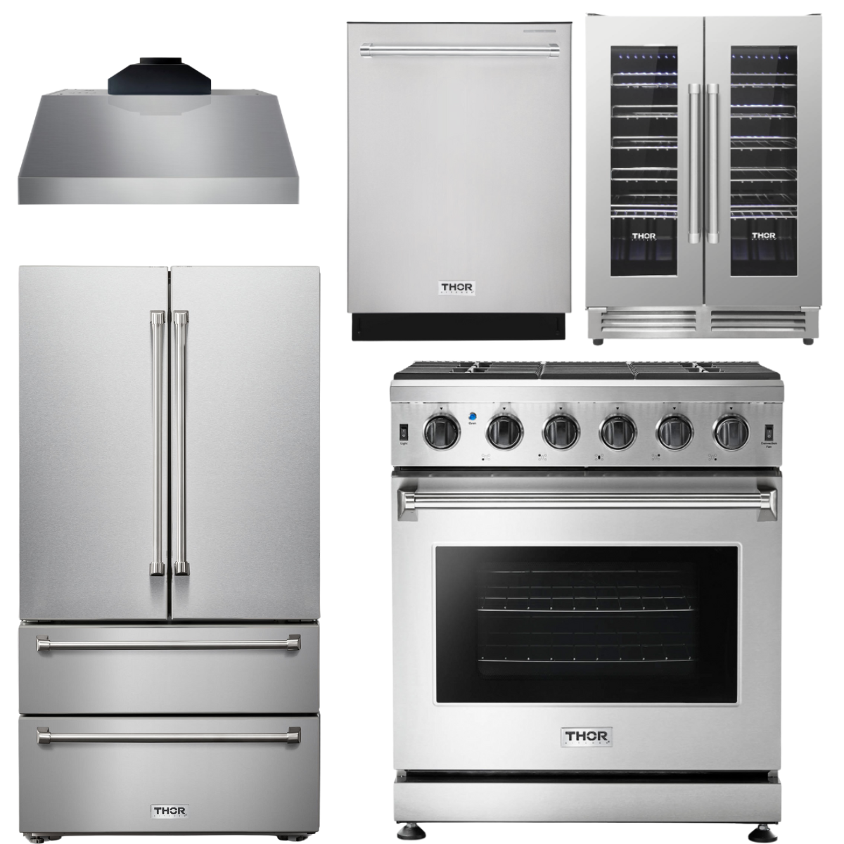 THOR Kitchen Package - 30" Gas Range, Range Hood, Refrigerator, Dishwasher, Wine Cooler, AP-LRG3001U-C-3