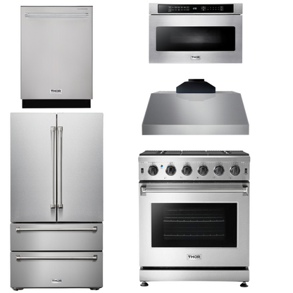 THOR Kitchen Package - 30" Gas Range, Range Hood, Microwave, Refrigerator, Dishwasher, AP-LRG3001U-C-5