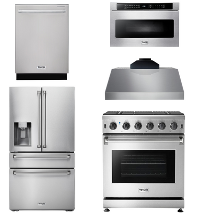 THOR Kitchen Package - 30" Gas Range, Range Hood, Microwave, Refrigerator with Water and Ice Dispenser, Dishwasher, AP-LRG3001U-C-9