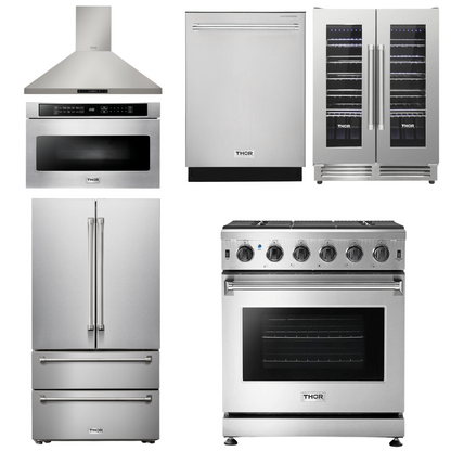 THOR Kitchen Package - 30" Propane Gas Range, Range Hood, Microwave, Refrigerator, Dishwasher, Wine Cooler, AP-LRG3001ULP-20