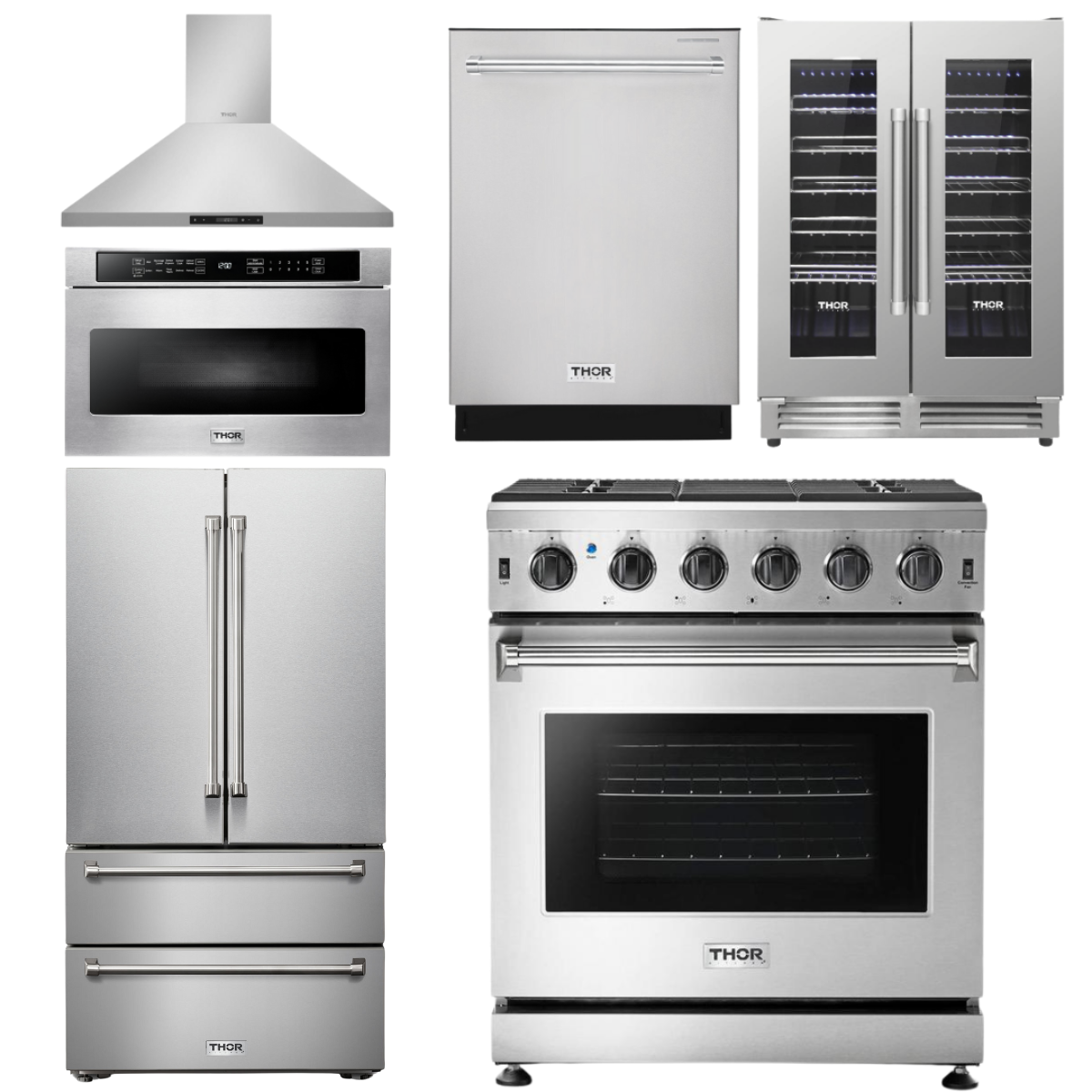 THOR Kitchen Package - 30" Propane Gas Range, Range Hood, Microwave, Refrigerator, Dishwasher, Wine Cooler, AP-LRG3001ULP-8