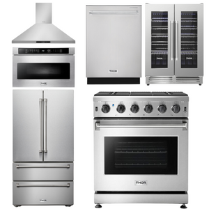 THOR Kitchen Package - 30" Propane Gas Range, Range Hood, Microwave, Refrigerator, Dishwasher, Wine Cooler, AP-LRG3001ULP-8