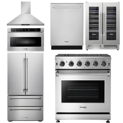 THOR Kitchen Package - 30" Propane Gas Range, Range Hood, Microwave, Refrigerator, Dishwasher, Wine Cooler, AP-LRG3001ULP-8
