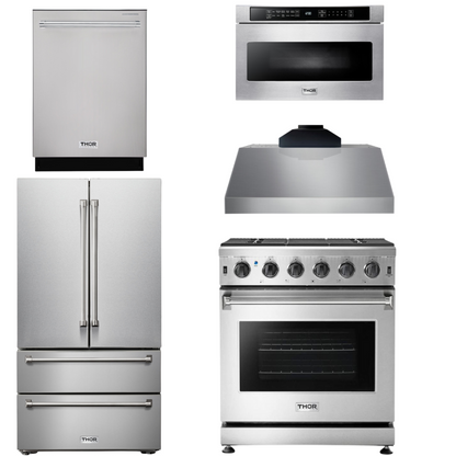 THOR Kitchen Package - 30" Propane Gas Range, Range Hood, Microwave, Refrigerator, Dishwasher, AP-LRG3001ULP-C-5