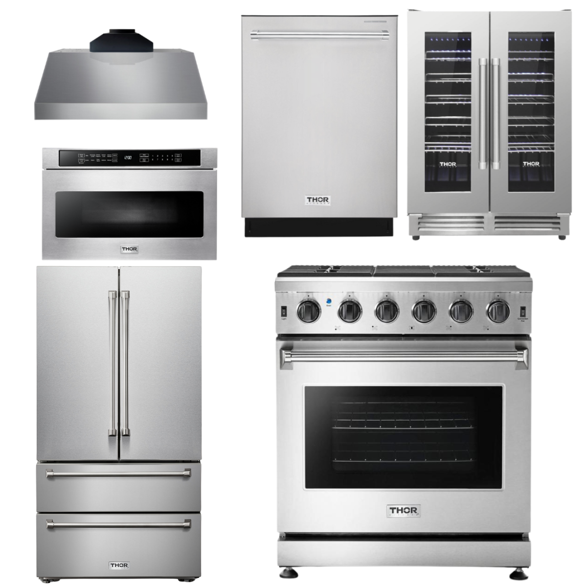 THOR Kitchen Package - 30" Propane Gas Range, Range Hood, Microwave, Refrigerator, Dishwasher, Wine Cooler, AP-LRG3001ULP-C-6