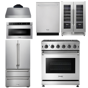 THOR Kitchen Package - 30" Propane Gas Range, Range Hood, Microwave, Refrigerator, Dishwasher, Wine Cooler, AP-LRG3001ULP-C-6