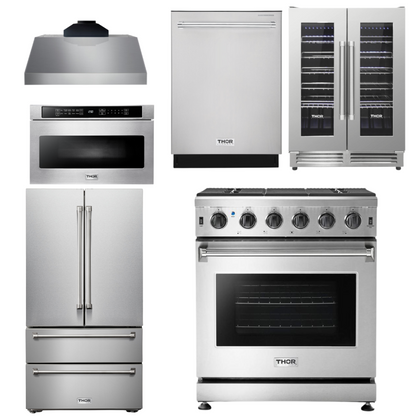 THOR Kitchen Package - 30" Propane Gas Range, Range Hood, Microwave, Refrigerator, Dishwasher, Wine Cooler, AP-LRG3001ULP-C-6