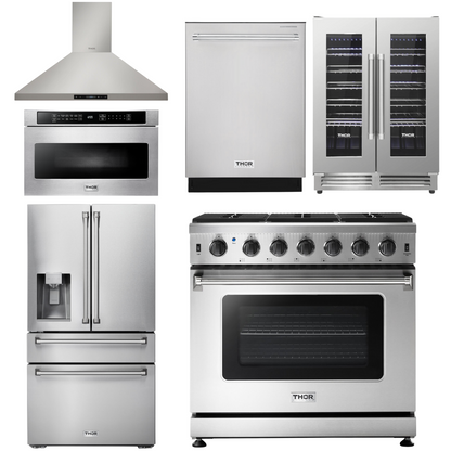 THOR Kitchen Package - 36" Gas Range, Range Hood, Microwave, Refrigerator with Fridge and Ice Maker, Dishwasher, Wine Cooler, AP-LRG3601U-14