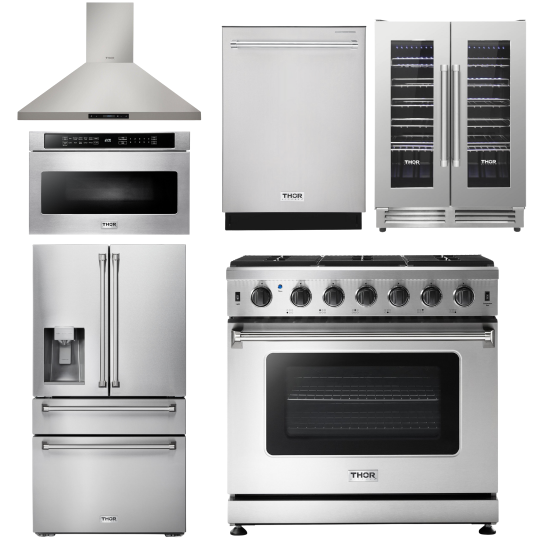 THOR Kitchen Package - 36" Propane Gas Range, Range Hood, Microwave, Refrigerator with Fridge and Ice Maker, Dishwasher, Wine Cooler, AP-LRG3601ULP-14