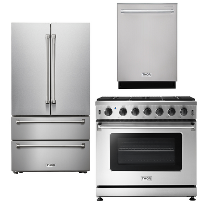 THOR Kitchen Package - 36" Gas Range, Refrigerator, Dishwasher, AP-LRG3601U-15