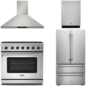 THOR Kitchen Package - 36" Gas Range, Range Hood, Refrigerator, Dishwasher, AP-LRG3601U-3