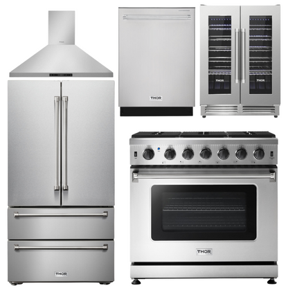 THOR Kitchen Package - 36" Gas Range, Range Hood, Refrigerator, Dishwasher, Wine Cooler, AP-LRG3601U-4