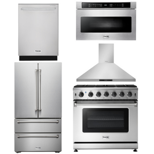 THOR Kitchen Package - 36" Gas Range, Range Hood, Microwave, Refrigerator, Dishwasher, AP-LRG3601U-7