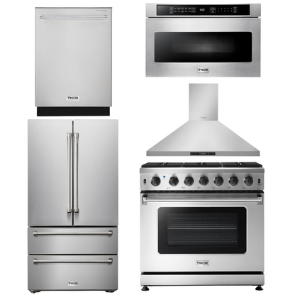 THOR Kitchen Package - 36" Gas Range, Range Hood, Microwave, Refrigerator, Dishwasher, AP-LRG3601U-7