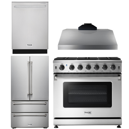 THOR Kitchen Package - 36" Gas Range, Range Hood, Refrigerator, Dishwasher, AP-LRG3601U-C-2