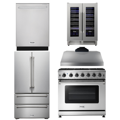 THOR Kitchen Package - 36" Gas Range, Range Hood, Refrigerator, Dishwasher, Wine Cooler, AP-LRG3601U-C-3
