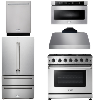 THOR Kitchen Package - 36" Gas Range, Range Hood, Microwave, Refrigerator, Dishwasher, AP-LRG3601U-C-5