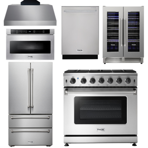 THOR Kitchen Package - 36" Gas Range, Range Hood, Microwave, Refrigerator, Dishwasher, Wine Cooler, AP-LRG3601U-C-6