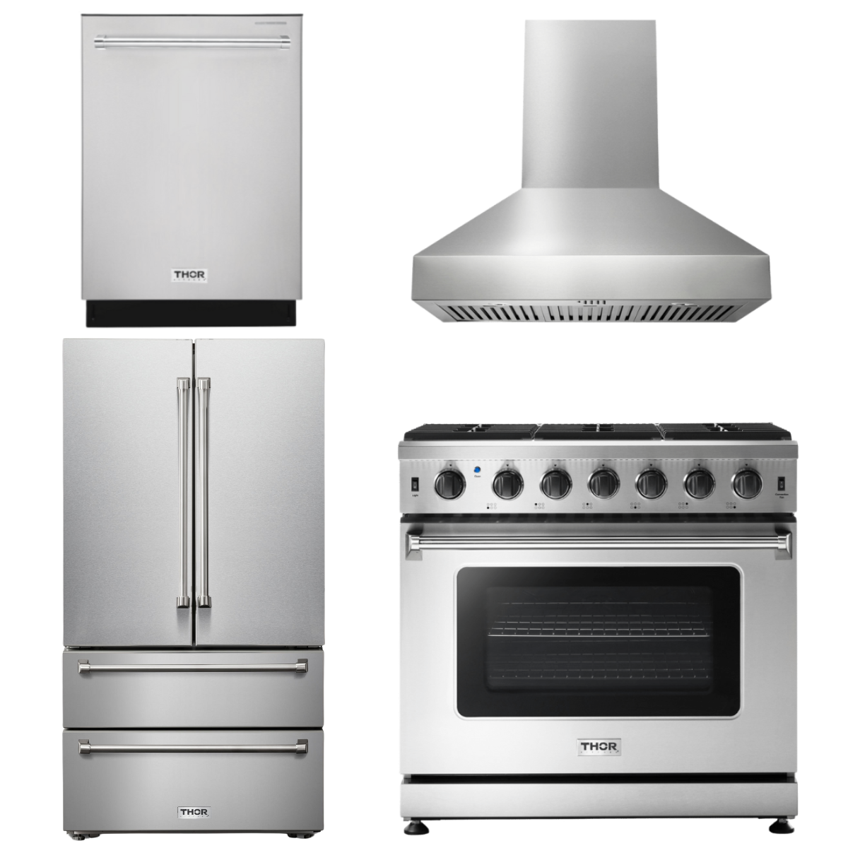 THOR Kitchen Package - 36 In Gas Range, Range Hood, Refrigerator, Dishwasher, AP-LRG3601U-W-2