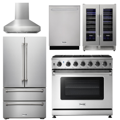 THOR Kitchen Package - 36 In Gas Range, Range Hood, Refrigerator, Dishwasher, Wine Cooler, AP-LRG3601U-W-3