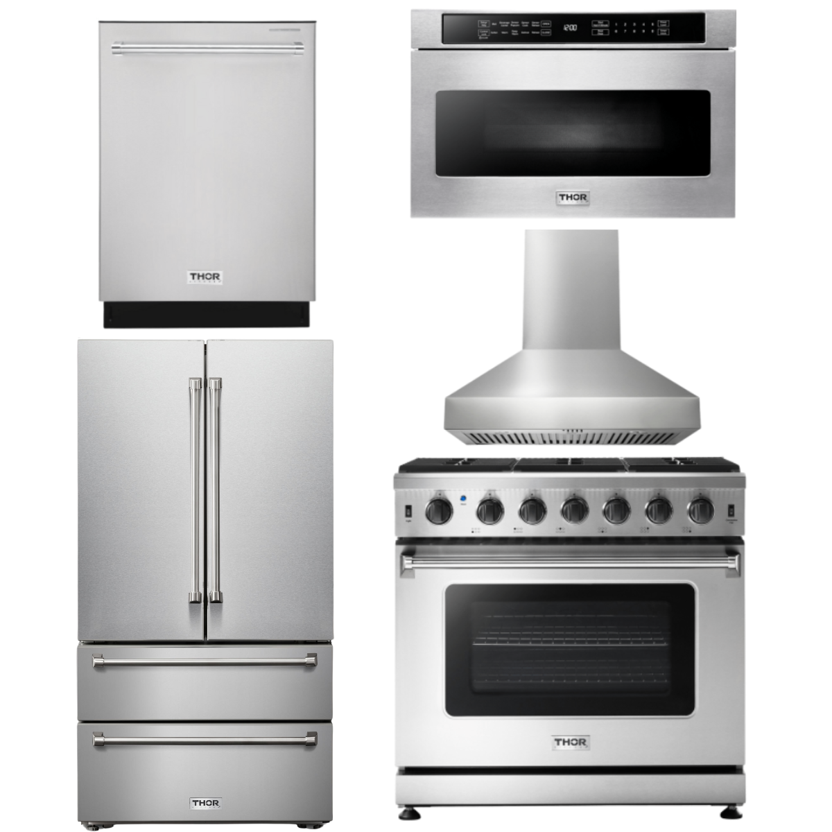 THOR Kitchen Package - 36 Inch Gas Range, Range Hood, Microwave, Refrigerator, Dishwasher, AP-LRG3601U-W-5