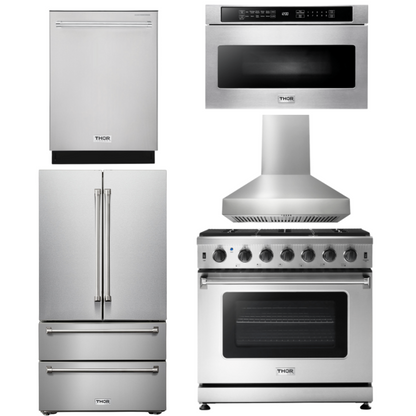 THOR Kitchen Package - 36 Inch Gas Range, Range Hood, Microwave, Refrigerator, Dishwasher, AP-LRG3601U-W-5