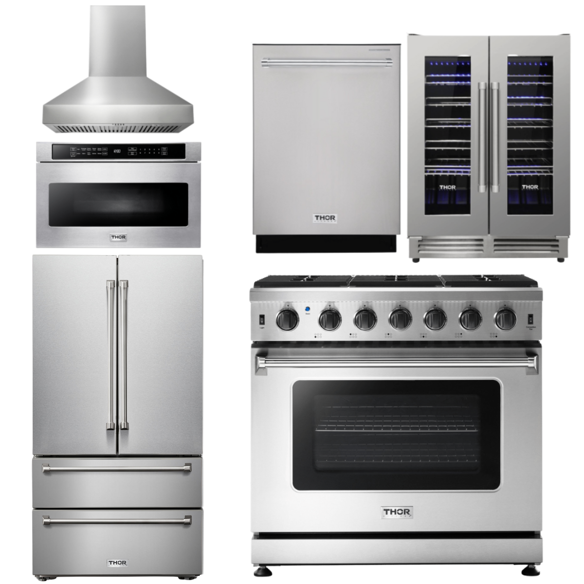 THOR Kitchen Package - 36" Gas Range, Range Hood, Microwave, Refrigerator, Dishwasher, Wine Cooler, AP-LRG3601U-W-6