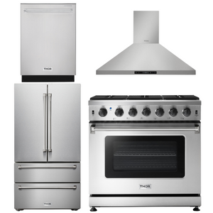 THOR Kitchen 4 Piece Package - 36" Liquid Propane Range, Range Hood, Refrigerator & Dishwasher Package, AP-LRG3601ULP-3
