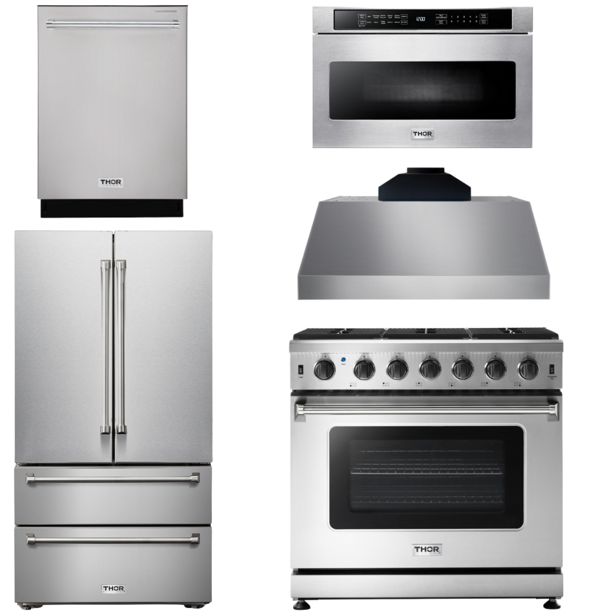 THOR Kitchen Package - 36" Propane Gas Range, Range Hood, Microwave, Refrigerator, Dishwasher, AP-LRG3601ULP-C-5
