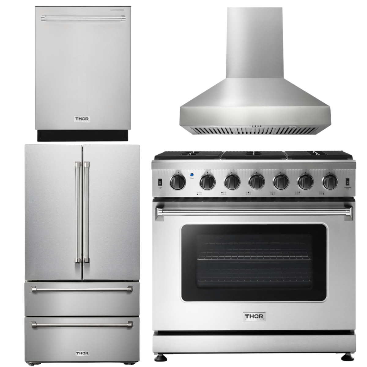 THOR Kitchen Package - 36 Inch Propane Gas Range, Range Hood, Refrigerator, Dishwasher, AP-LRG3601ULP-W-2