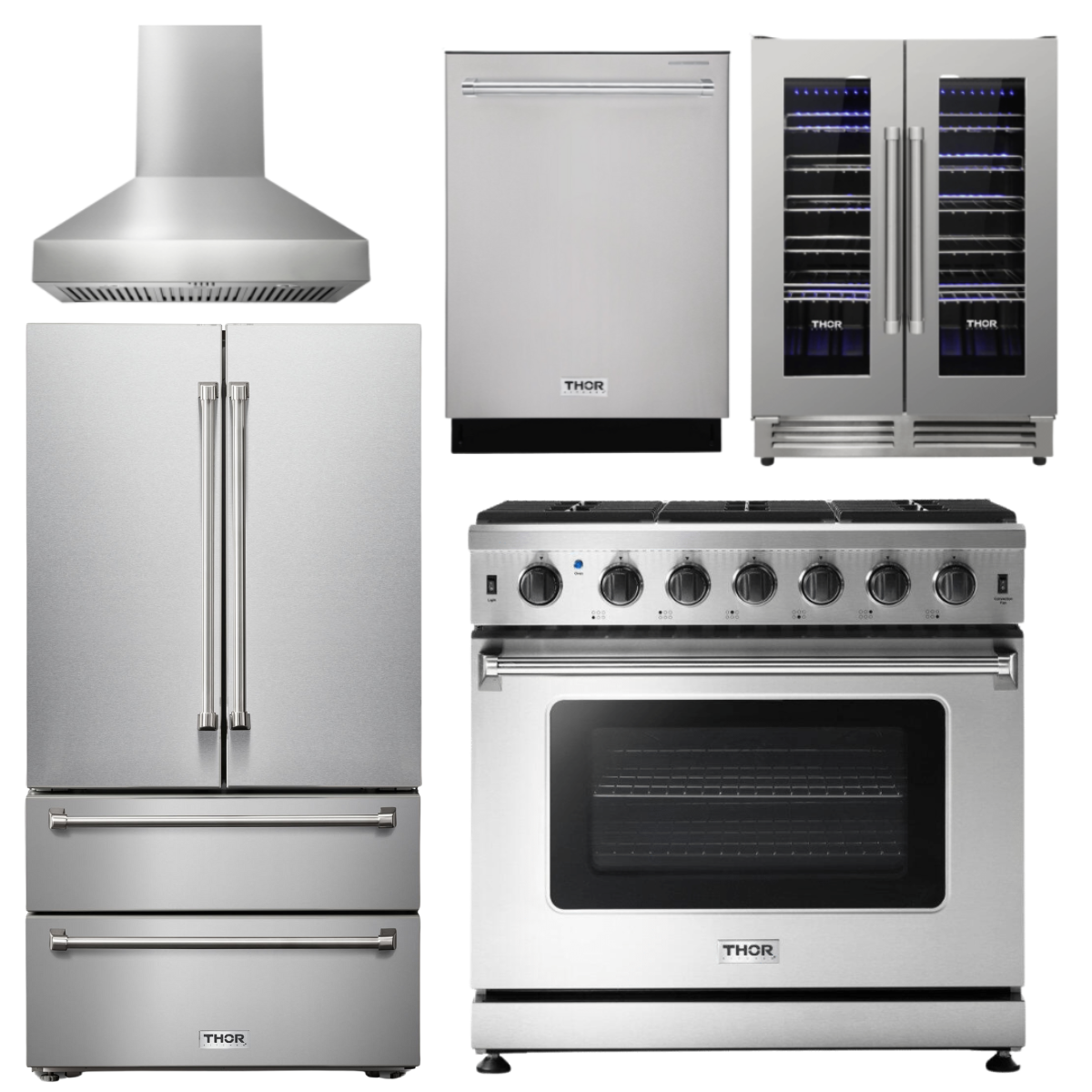 THOR Kitchen Package - 36" Propane Gas Range, Range Hood, Refrigerator, Dishwasher, Wine Cooler, AP-LRG3601ULP-W-3