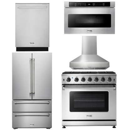 THOR Kitchen Package - 36" Propane Gas Range, Range Hood, Microwave, Refrigerator, Dishwasher, AP-LRG3601ULP-W-5