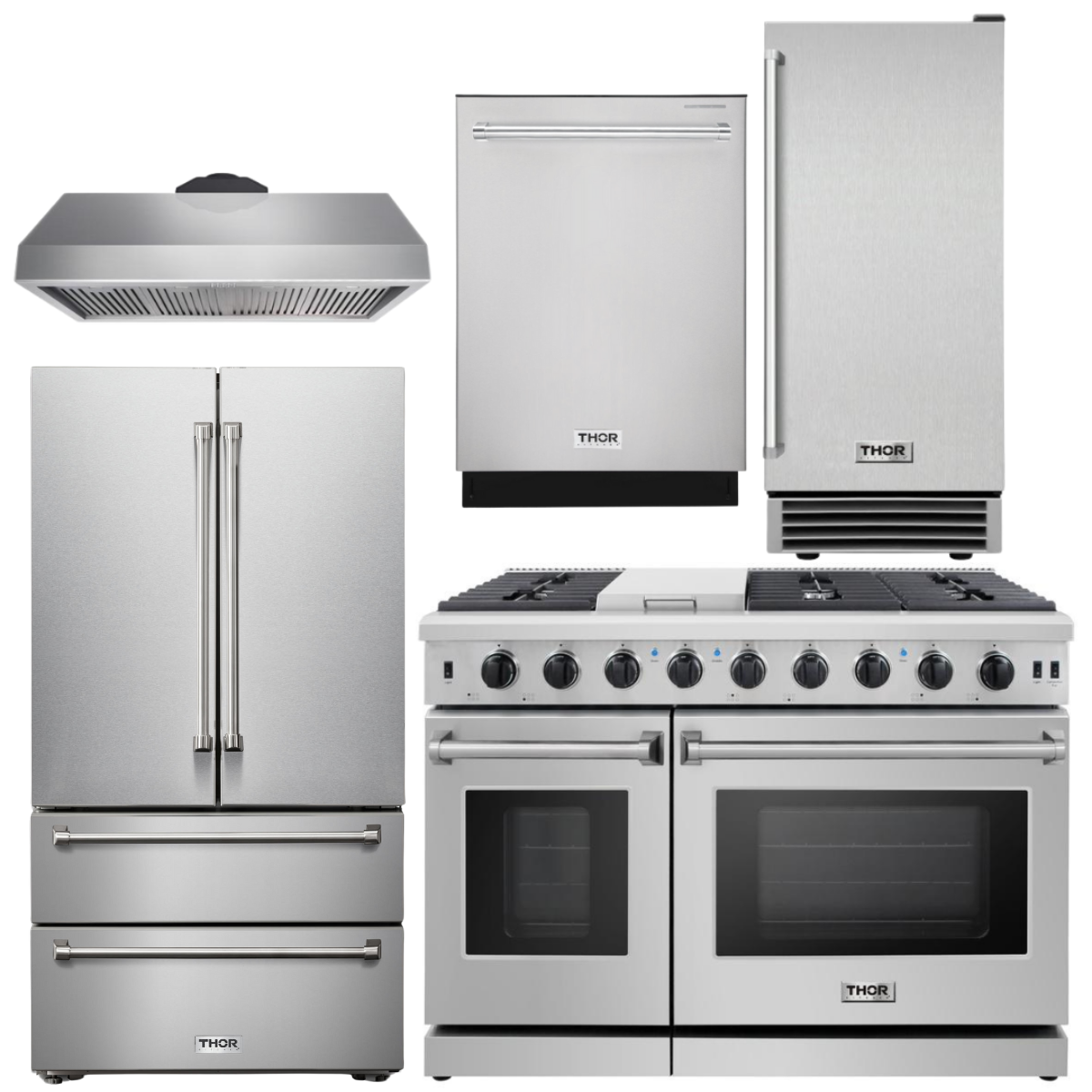 THOR Kitchen Package - 48" Gas Range, Range Hood, Refrigerator, Dishwasher, Ice Maker, AP-LRG4807U-21