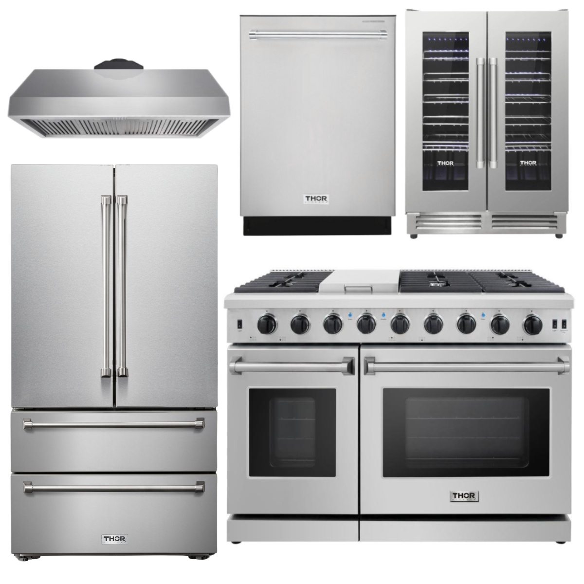 THOR Package - 48" Gas Range, Range Hood, Refrigerator, Dishwasher & Wine Cooler, AP-LRG4807U-4